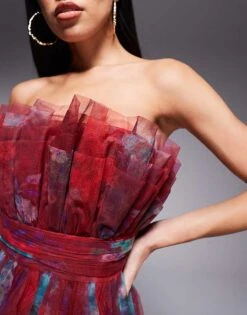 Lace & Beads Tulle Bandeau Mini Dress In Burgundy Floral For Women -Doll Wear Style 207304000 2