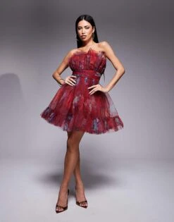 Lace & Beads Tulle Bandeau Mini Dress In Burgundy Floral For Women -Doll Wear Style 207304000 4