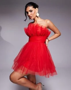 Lace & Beads Structured Bandeau Tulle Mini Dress In Red For Women -Doll Wear Style 207641092 1 red 1