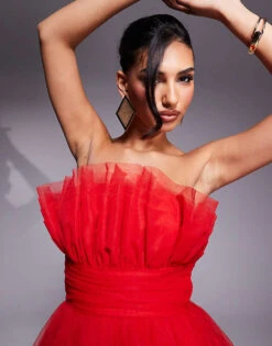 Lace & Beads Structured Bandeau Tulle Mini Dress In Red For Women -Doll Wear Style 207641092 3