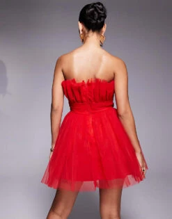 Lace & Beads Structured Bandeau Tulle Mini Dress In Red For Women -Doll Wear Style 207641092 4