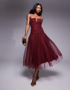 Lace & Beads Drop Hem Tulle Midaxi Dress In Burgundy For Women -Doll Wear Style 207641115 1 burgundy 1