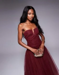 Lace & Beads Drop Hem Tulle Midaxi Dress In Burgundy For Women -Doll Wear Style 207641115 2