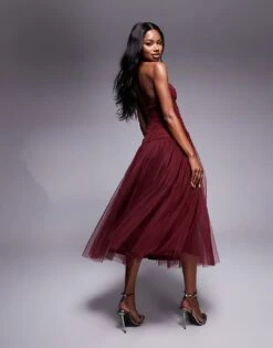 Lace & Beads Drop Hem Tulle Midaxi Dress In Burgundy For Women -Doll Wear Style 207641115 3