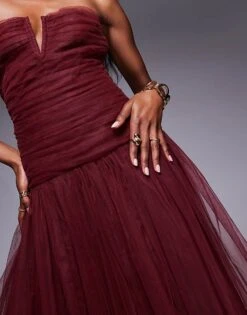 Lace & Beads Drop Hem Tulle Midaxi Dress In Burgundy For Women -Doll Wear Style 207641115 4