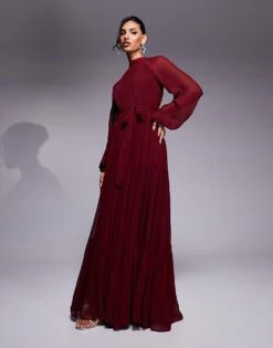 Lace & Beads Balloon Sleeve Tiered Maxi Dress In Burgundy For Women