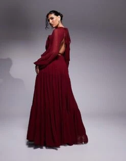 Lace & Beads Balloon Sleeve Tiered Maxi Dress In Burgundy For Women -Doll Wear Style 207641123 3