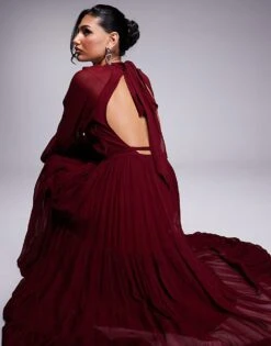 Lace & Beads Balloon Sleeve Tiered Maxi Dress In Burgundy For Women -Doll Wear Style 207641123 4
