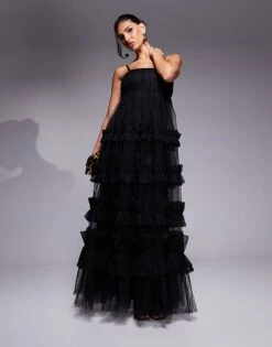 Lace & Beads Empire Ruffle Maxi Dress In Black For Women -Doll Wear Style 207641131 1 black 1