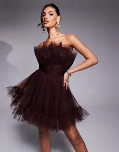 Lace & Beads Bandeau Structured Tulle Mini Dress In Chocolate Brown For Women