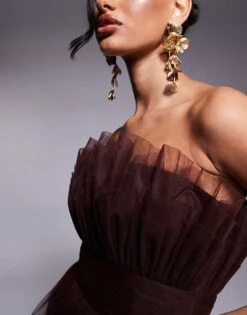 Lace & Beads Bandeau Structured Tulle Mini Dress In Chocolate Brown For Women -Doll Wear Style 207641139 4