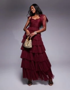 Lace & Beads Bow Shoulder Tulle Maxi Dress In Burgundy For Women -Doll Wear Style 207641147 1 burgundy 1