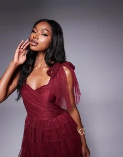 Lace & Beads Bow Shoulder Tulle Maxi Dress In Burgundy For Women -Doll Wear Style 207641147 2