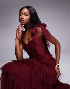 Lace & Beads Bow Shoulder Tulle Maxi Dress In Burgundy For Women -Doll Wear Style 207641147 3