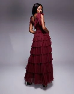 Lace & Beads Bow Shoulder Tulle Maxi Dress In Burgundy For Women -Doll Wear Style 207641147 4