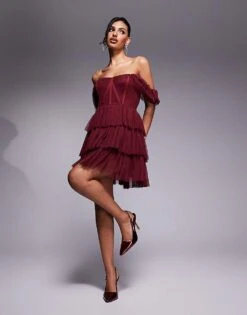 Lace & Beads Off Shoulder Corset Tulle Mini Dress In Burgundy For Women -Doll Wear Style 207641155 1 burgundy 1