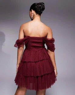 Lace & Beads Off Shoulder Corset Tulle Mini Dress In Burgundy For Women -Doll Wear Style 207641155 3