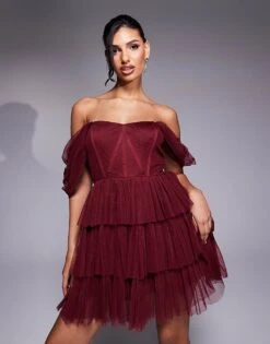 Lace & Beads Off Shoulder Corset Tulle Mini Dress In Burgundy For Women -Doll Wear Style 207641155 4