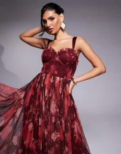 Lace & Beads Corset Tulle Midaxi Dress In Deep Red Rose For Women -Doll Wear Style 207641159 3