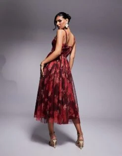 Lace & Beads Corset Tulle Midaxi Dress In Deep Red Rose For Women -Doll Wear Style 207641159 4