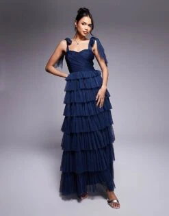 Lace & Beads Bow Shoulder Ruffle Maxi Dress In Midnight Navy For Women