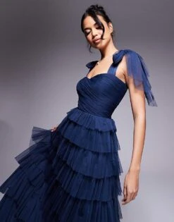 Lace & Beads Bow Shoulder Ruffle Maxi Dress In Midnight Navy For Women -Doll Wear Style 207645351 3