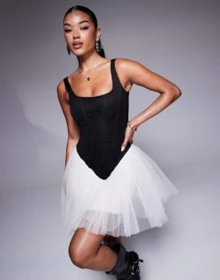 Lace & Beads Drop Waist Corset Detail Mini Dress In Black And White For Women Black/white -Doll Wear Style 207645352 1 blackwhite 1