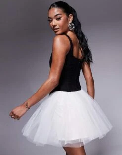 Lace & Beads Drop Waist Corset Detail Mini Dress In Black And White For Women Black/white -Doll Wear Style 207645352 4