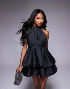 Lace & Beads Double Bubble Hem Taffeta Mini Dress In Black For Women -Doll Wear Style 207645384 1 black 1