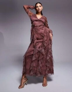 Lace & Beads Long Sleeve Ruffle Maxi Dress In Brown Animal Print For Women -Doll Wear Style 207645430 1 brownanimalprint 1