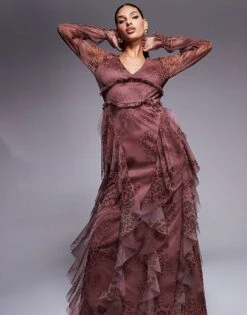 Lace & Beads Long Sleeve Ruffle Maxi Dress In Brown Animal Print For Women -Doll Wear Style 207645430 3
