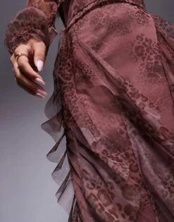 Lace & Beads Long Sleeve Ruffle Maxi Dress In Brown Animal Print For Women -Doll Wear Style 207645430 4