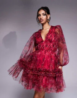 Lace & Beads Balloon Sleeve Organza Mini Dress In Red And Fuchsia Floral For Women Red/fuchsia Floral -Doll Wear Style 207645462 1 redfuchsiafloral 1