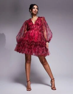 Lace & Beads Balloon Sleeve Organza Mini Dress In Red And Fuchsia Floral For Women Red/fuchsia Floral -Doll Wear Style 207645462 2