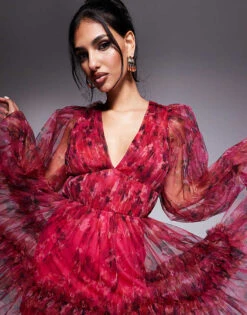 Lace & Beads Balloon Sleeve Organza Mini Dress In Red And Fuchsia Floral For Women Red/fuchsia Floral -Doll Wear Style 207645462 3