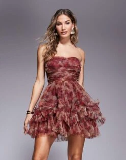 Lace & Beads Corset Overlay Tulle Bow Mini Dress In Rose Floral For Women Burgundy Rose Floral