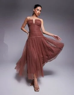 Lace & Beads Drop Hem Tulle Maxi Dress In Rose Brown For Women