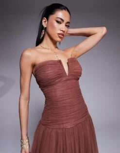 Lace & Beads Drop Hem Tulle Maxi Dress In Rose Brown For Women -Doll Wear Style 207645478 4