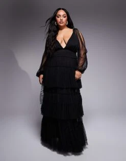 Lace & Beads Plus Sheer Sleeve Tiered Tulle Maxi Dress In Black For Women