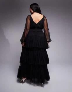 Lace & Beads Plus Sheer Sleeve Tiered Tulle Maxi Dress In Black For Women -Doll Wear Style 207651242 4
