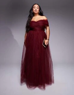 Lace & Beads Plus Bow Off Shoulder Tulle Maxi Dress In Burgundy For Women