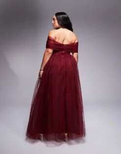 Lace & Beads Plus Bow Off Shoulder Tulle Maxi Dress In Burgundy For Women -Doll Wear Style 207651252 4