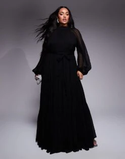 Lace & Beads Plus Balloon Sleeve Tiered Maxi Dress In Black For Women