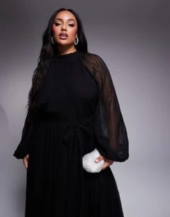 Lace & Beads Plus Balloon Sleeve Tiered Maxi Dress In Black For Women -Doll Wear Style 207651278 3