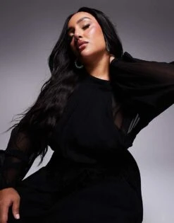 Lace & Beads Plus Balloon Sleeve Tiered Maxi Dress In Black For Women -Doll Wear Style 207651278 4