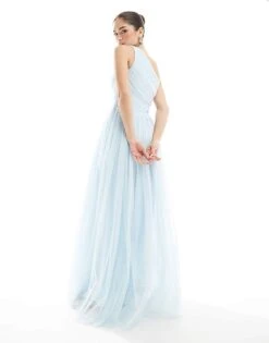 Lace & Beads Bridesmaid One Shoulder Maxi Dress In Powder Blue For Women -Doll Wear Style 208039590 3