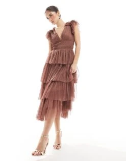 Lace & Beads Bridesmaid Naomi Midi Dress In Warm Brown For Women -Doll Wear Style 208039599 1 warmbrown 1