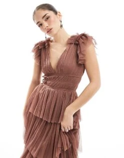 Lace & Beads Bridesmaid Naomi Midi Dress In Warm Brown For Women -Doll Wear Style 208039599 2