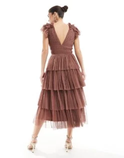 Lace & Beads Bridesmaid Naomi Midi Dress In Warm Brown For Women -Doll Wear Style 208039599 3