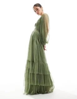 Lace & Beads Bridesmaid Madison Long Sleeve Maxi Dress In Soft Olive For Women -Doll Wear Style 208039606 1 softolive 1